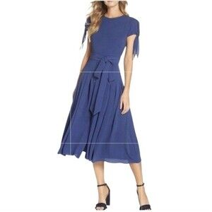 Gal Meets Glam Bette Teal Blue Pleated Crepe Midi Dress Cap Sleeve Chic Size 8